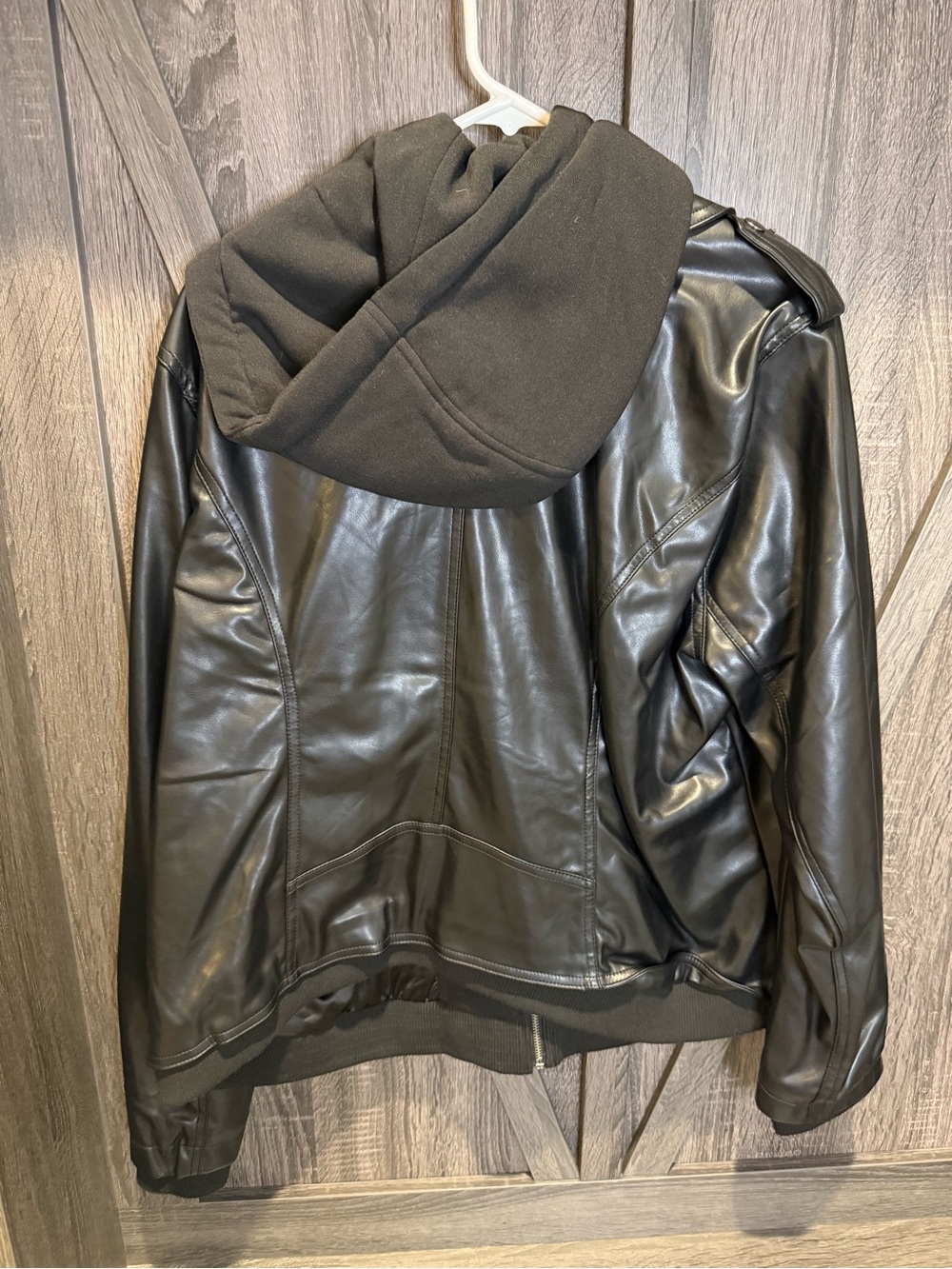 torrid Black Faux Leather Bomber-Style Moto Jacket with Hooded Liner - Picture 2 of 3